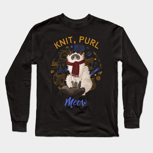 Knit, purl, Meow - Ragdoll with Scarf Long Sleeve T-Shirt by Feline Emporium